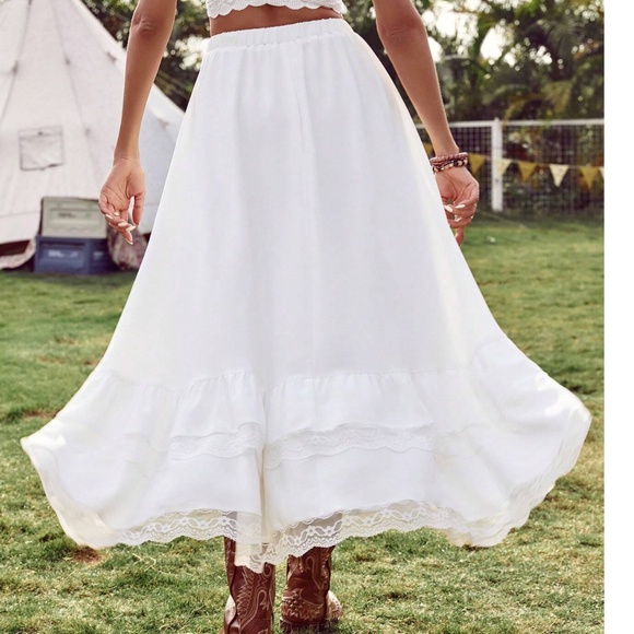 Boho White lace High low Stretchy Waist Maxi Skirt - Picture 9 of 10